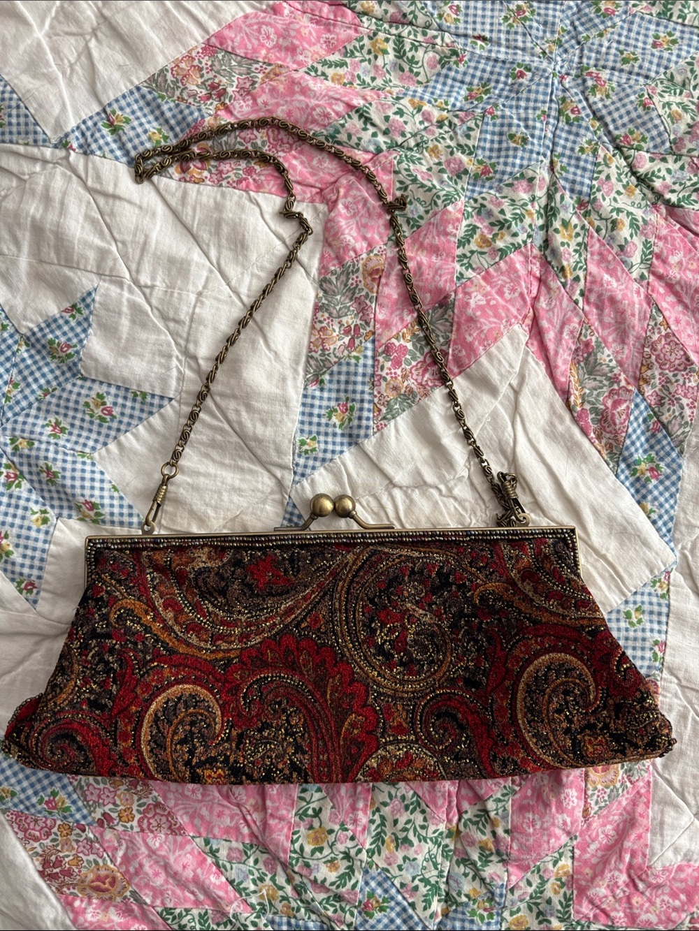 Lane Bryant Red Paisley Beaded Evening Clutch with Gold Chain